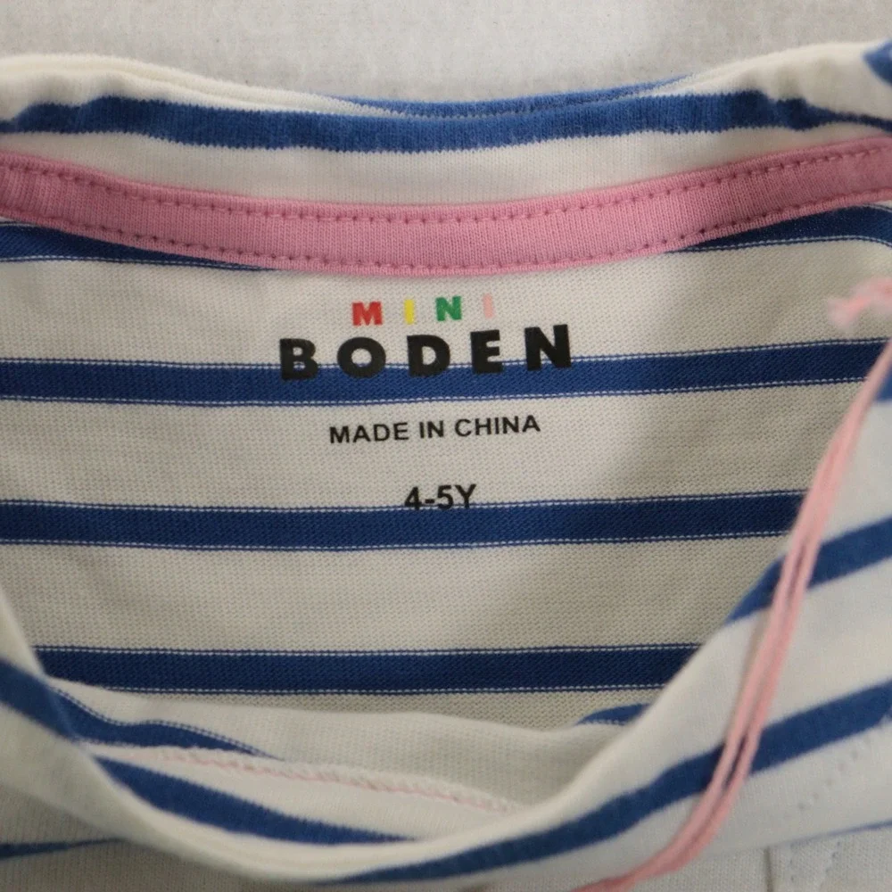 Mini Boden Girls Dress French Bulldog Stripes Green 100% Cotton Kids 4-5Y NWT